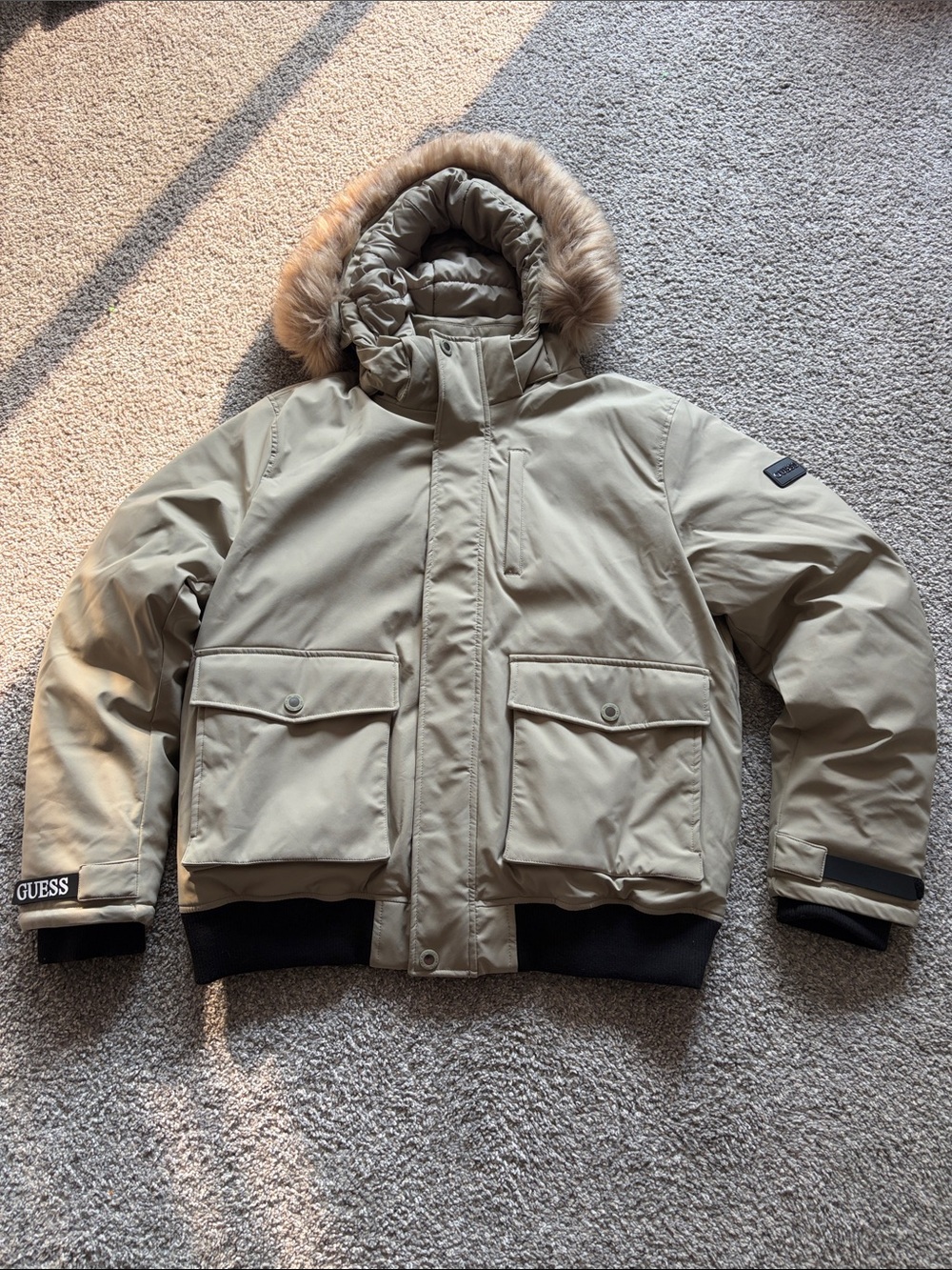 Guess Men’s Khaki Hooded Puffer Jacket with Faux Fur Trim
